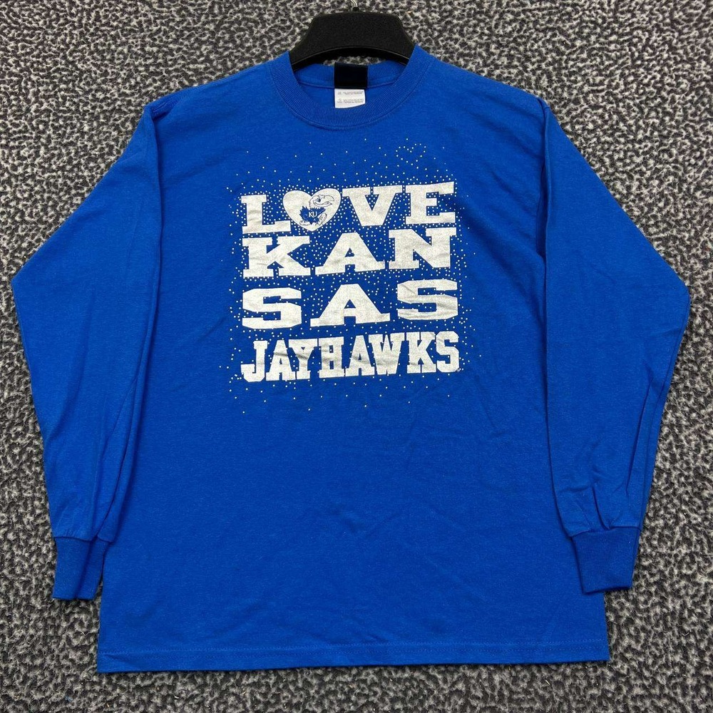 Kansas Jayhawks Shirt Youth Large Blue Step Ahead Long Sleeve Crew Neck Cotton L